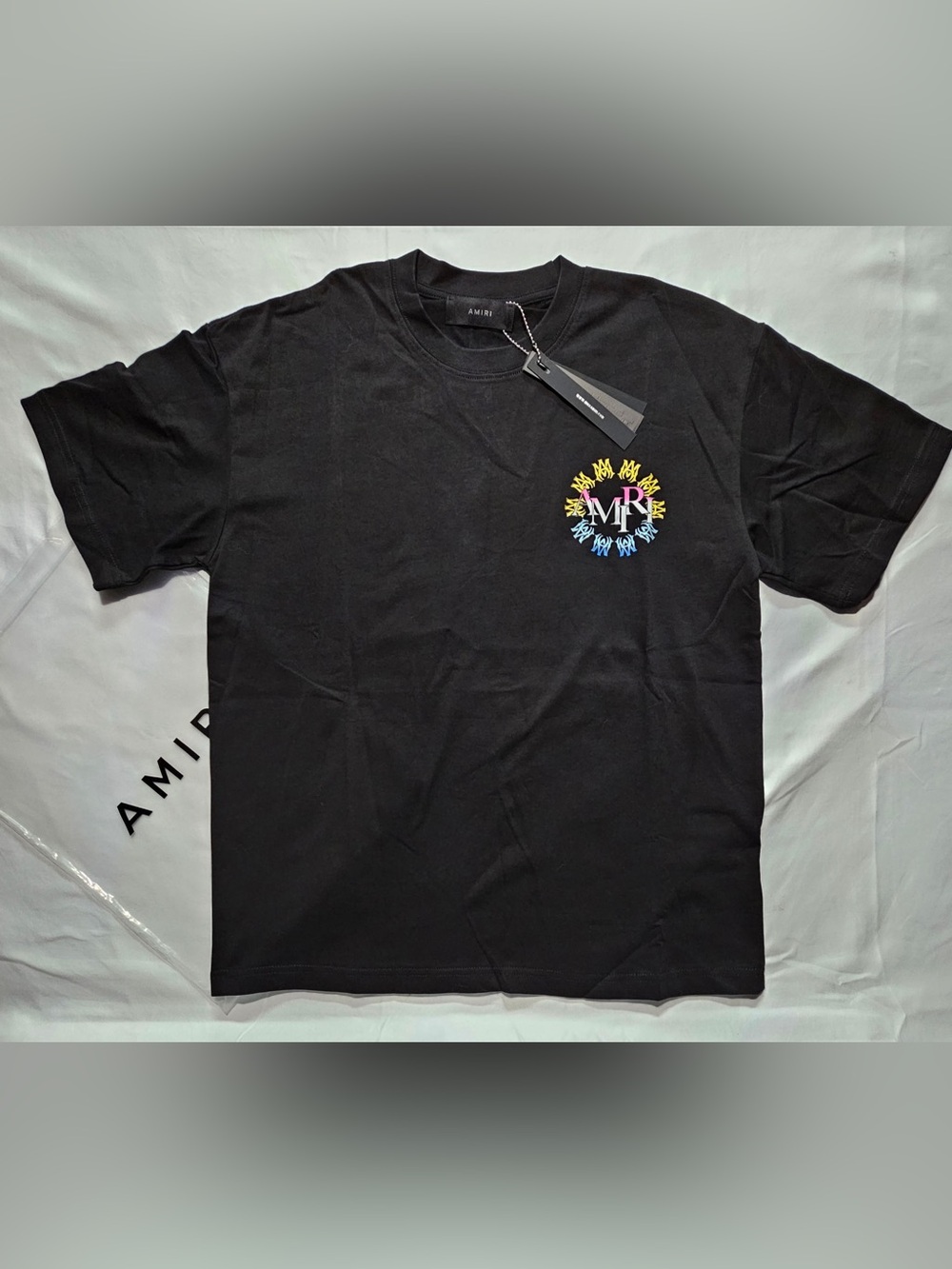 AMIRI Black Short Sleeve Tee with Multicolor Chest Emblem